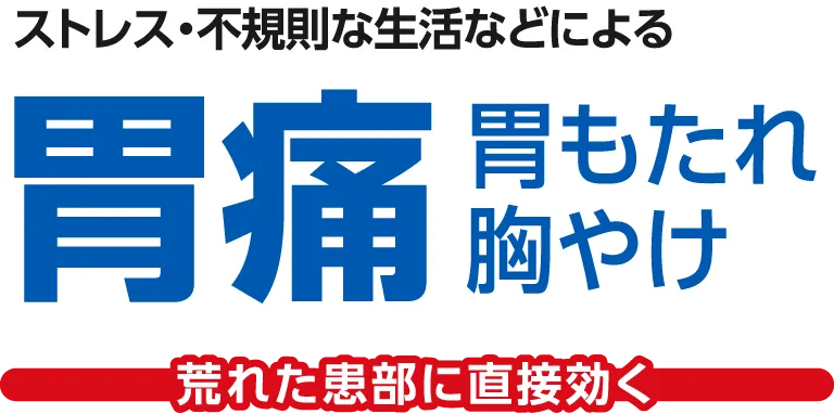 ストレス・不規則な生活などによる胃痛、胃もたれ、胸やけで荒れた患部に直接効く